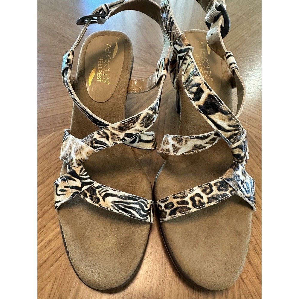 Aerosoles Heels Womens 8M Beige Brown Animal Print Strappy Sandals 3.5 Inch Heel